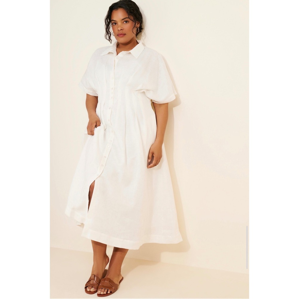 Exquise White Aadhya Shirt Dress Cotton Pleated Waist Midi 
Size: 1X